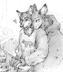 anthro cheek_tuft closed_smile clothed clothing duo facial_tuft hand_holding head_tuft heart_symbol hoodie hug hugging_another hugging_from_behind inside male mouth_closed net one_eye_closed open_mouth open_smile romantic romantic_couple smile standing topwear tuft unsigned akatan_art canid canine canis fox mammal wolf greyscale hi_res monochrome traditional_media_(artwork)