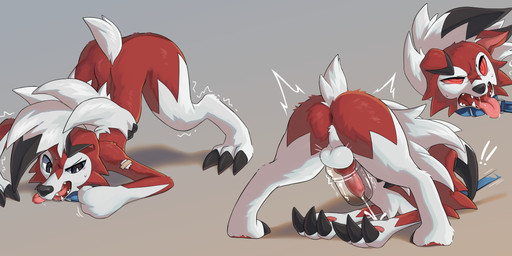 3_fingers 3_toes animal_genitalia animal_penis anthro anus ass_up balls bandage bodily_fluids butt canine_genitalia canine_penis claws collar cum cum_on_ground cumshot digitigrade ejaculation erection feet finger_claws fingers fur genital_fluids genitals grey_background grey_eyes implied_transformation jack-o'_pose knot leash male penetrable_sex_toy penis pose question_mark red_body red_eyes red_fur ringed_eyes scut_tail sex_toy short_tail simple_background solo sweat tail toe_claws toes transformation white_body white_fur huka nintendo pokemon canid canine generation_7_pokemon lycanroc mammal midnight_lycanroc pokemon_(species) absurd_res hi_res shaded