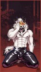 anthro biceps border bulge clothed clothing horn kneeling latex latex_clothing looking_at_viewer male mane muscular muscular_anthro muscular_male nipples pecs provocative red_border simple_background smile solo tail topless topless_male md_white midnight_blue asian_mythology east_asian_mythology japanese_mythology mythology canid canine canis deity mammal wolf yokai absurd_res hi_res