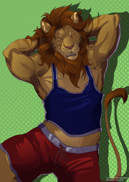 anthro bottomwear clothing jock male mastectomy_scar muscular orange_eyes red_bottomwear red_clothing red_shorts scar shorts smile smiling_at_viewer smirk solo sportswear stripes tail tail_tuft tuft whiskers witchydawgart felid feline hybrid liger lion mammal pantherine tiger tigon hi_res trans_(lore) trans_man_(lore)