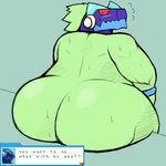 anthro anthrofied big_butt blue_head blush bodily_fluids butt huge_butt male nude rear_view red_sclera solo sweat text text_box smush-sin capcom mega_man_(series) omega-xis canid canine em_being mammal 2024 colored english_text hi_res