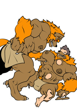 anthro black_hair bottomwear brown_body brown_nipples clothed clothing duo feet goo_transformation hair loincloth loincloth_only looking_at_another male muscular nipples orange_hair pec_grab pecs red_sclera simple_background topless transformation twinning white_background yellow_eyes x-monic mythology canid canine human mammal mythological_canine mythological_creature werecanid werecanine werecreature werewolf 2025 hi_res