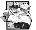 anthro big_breasts bikini bikini_top breasts burger clothing eyewear female food glasses legwear solo stockings swimwear thick_thighs two-piece_swimsuit white_body eks-out glitch_productions mcdonald's smg4 karen_(smg4) domestic_cat felid feline felis mammal absurd_res hi_res monochrome