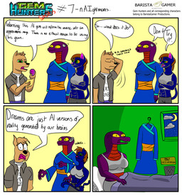 anthro bed clothing cochlear_implant_processor crossed_arms deaf dialogue distorted_speech_bubble distorted_text distortion female furniture gem group male shirt tank_top text topwear trio window baristagamerproductions ada_(gem_hunters) alfonso_(gem_hunters) phoebe_(gem_hunters) canid canine canis dingo felid feline mammal reptile scalie snake absurd_res comic english_text hi_res