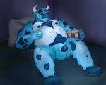 anthro balls bed belly blue_body blue_fur circumcised flaccid food fur furniture genitals horn humanoid_genitalia humanoid_hands humanoid_penis lying male moobs nipples overweight overweight_male penis pillow popcorn solo dippubear bruno_(blabel) bovid bovine cattle mammal 2021 hi_res