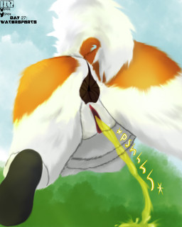 anthro anus bodily_fluids butt clothing curled_tail female female_peeing footwear footwear_only genital_fluids genitals grass mature_female mostly_nude orange_body outdoor_nudity outside peeing plant raised_leg shoes shoes_only slightly_chubby slightly_chubby_female solo tail urine vulva watersports benzfur canid canine canis domestic_dog mammal shiba_inu spitz 4:5 absurd_res hi_res