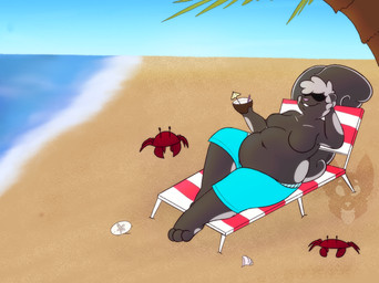 3_toes anthro barefoot beach beach_chair belly beverage biped black_body black_ears black_eyewear black_fur black_sunglasses black_tail blue_swim_trunks breasts chair clothed clothing cocktail_garnish cocktail_umbrella coconut coconut_drink collarbone detailed_background drinking_straw drupe_(fruit) exoskeleton eyewear featureless_breasts feet female female_anthro food fruit fur furgonomic_furniture furgonomics furniture hair markings navel on_chair outside overweight overweight_anthro overweight_female palm_tree partially_clothed partially_clothed_anthro partially_clothed_female pink_nose plant reclining red_body red_exoskeleton relaxing sand seashell shell smile solo sunglasses tail toes topless topless_anthro topless_female tree water white_hair white_markings strawberrymilkdog desiree_(helicasebat) ambient_arthropod ambient_crab ambient_crustacean ambient_sealife mammal mephitid sand_dollar skunk 2022 hi_res