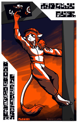 6_fingers ambiguous_gender anthro armor belt clothed clothing fingers gibberish hair hard_hat headgear helmet overalls ponytail poster propaganda_poster reaching_up repairing tail tail_tuft text tuft kawattame voices_of_the_void alien ariral colored hi_res restricted_palette
