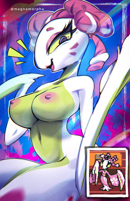 accessory anthro areola big_breasts big_eyes breasts eyeshadow female geisha green_body green_eyes hair_accessory hair_ribbon lipstick looking_at_viewer makeup mantis_arms multicolored_body nipples non-mammal_nipples nude petals ribbons solo two_tone_body white_body magnamorpha deltarune undertale_(series) mantis_(deltarune) arthropod flower_mantis insect mantis orchid_mantis character_request hi_res