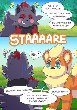 dialogue digitigrade emanata feral gesture grass hand_gesture middle_finger pawpads paws plant profanity text nikkibunn nintendo pokemon gunther_(mating_season) generation_1_pokemon generation_5_pokemon growlithe mammal pokemon_(species) zorua 2025 comic english_text hi_res multiple_scenes watermark