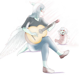 acoustic_guitar amber_eyes anthro black_clothing black_shirt black_topwear blue_body bone_frill bottomwear clothed clothed_anthro clothed_female clothing denim denim_bottomwear denim_clothing duo feathered_wings feathers female fingers footwear frill_(anatomy) grey_body grey_feathers grey_hair guitar hair half-closed_eyes happy holding_guitar holding_musical_instrument holding_object humanoid_hands jeans long_hair looking_at_another markings musical_instrument narrowed_eyes onesie open_mouth open_smile pants plucked_string_instrument shadow shirt shoes short_hair sitting smile string_instrument striped_markings stripes tail toddler topwear wings young young_anthro young_female puffycrow cavemanon_studios goodbye_volcano_high ko_op_(game_developer) snoot_game amber_(snoot_game) fang_(gvh) prehistoric_species pterosaur reptile scalie absurd_res colored hi_res shaded daughter_(lore) mother_(lore) mother_and_child_(lore) mother_and_daughter_(lore) parent_(lore) parent_and_child_(lore) parent_and_daughter_(lore)