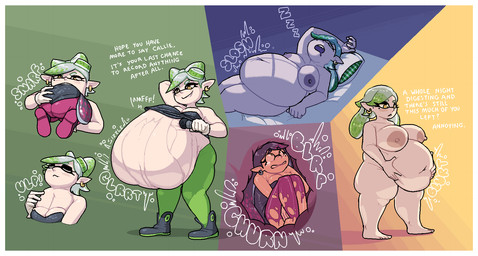 after_vore belly big_belly big_breasts border breasts butt digestion duo female female_pred female_prey nipples nude overweight text vore weight_gain white_border maniacalfork nintendo splatoon callie_(splatoon) marie_(splatoon) aquatic cephalopod inkling mollusk 2026 comic english_text hi_res