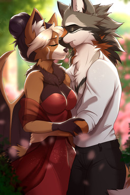 anthro biped bottomwear breasts claws clothed clothed_anthro clothed_female clothed_male clothing day duo female fingers front_view fully_clothed fully_clothed_anthro fully_clothed_female fully_clothed_male fur hair male outside smile standing tail teeth topwear wings fuvi bat canid canine mammal 2026 digital_drawing_(artwork) digital_media_(artwork) hi_res