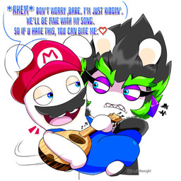 annoyed anthro bent_arm black_clothing black_facial_hair black_hair black_handwear black_jacket black_mittens black_mustache black_topwear blue_clothing blue_eyes blue_overalls buckteeth carrying_another clearing_throat clothed clothed_anthro clothed_female clothed_male clothing dialogue duo eye_contact eyebrows eyelashes facial_hair female female_anthro fur green_eyebrows green_hair hair half-closed_eyes handwear hat headgear headwear jacket light long_ears looking_at_another lute male male_anthro mandolin mitten_hands mittens multicolored_hair musical_instrument musical_note musical_symbol mustache narrowed_eyes noseless open_clothing open_jacket open_topwear overalls pink_tongue playing_mandolin playing_music plucked_string_instrument purple_clothing purple_shirt purple_topwear red_clothing red_hat red_headwear sharp_teeth shirt shirtless_anthro shirtless_male short_hair simple_background smile smiling_at_another squint string_instrument symbol talking_to_another tan_eyelids tan_inner_ear teeth text thick_eyebrows tongue topwear two_tone_hair white_background white_body white_fur jooniethenight mario_bros mario_plus_rabbids_kingdom_battle mario_plus_rabbids_sparks_of_hope nintendo raving_rabbids rayman_(series) ubisoft edge_(mario_plus_rabbids) rabbid_mario lagomorph mammal rabbid 1:1 2023 artist_name colored crossover digital_drawing_(artwork) digital_media_(artwork) english_description english_text hi_res lighting shaded