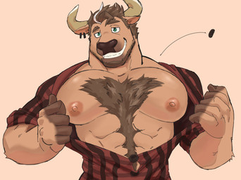 2_horns anthro barazoku beard belly_hair big_muscles big_pecs body_hair brown_body brown_fur brown_hair button_(fastener) button_pop chest_hair chest_tuft clothed clothing ear_piercing ear_ring facial_hair flannel_shirt fur green_eyes grin hair happy_trail horn male manly muscular muscular_anthro muscular_male open_clothing open_shirt open_topwear pecs piercing ring_piercing shirt smile solo topwear tuft undressing wardrobe_malfunction beastsauc3 bovid bovine cattle mammal hi_res