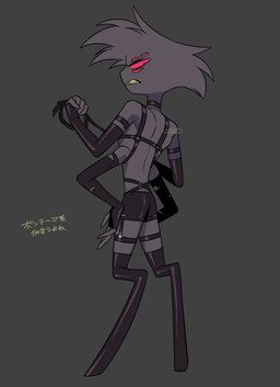 clothed clothing grey_background harness leather leather_harness male multi_eye rear_view sharp_teeth simple_background solo teeth text whip enaic31 hazbin_hotel hellaverse arackniss_(hazbin_hotel) arachnid arthropod demon humanoid spider absurd_res hi_res japanese_text translation_request