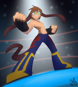 5_fingers anthro arena biped boots bottomwear brown_hair brown_markings clothed clothing featureless_chest female fingers flat_chested footwear fur fur_markings green_eyes hair hand_wraps markings pants prehensile_ears sharp_teeth shoes smile solo tail tan_body tan_fur teeth topless topless_anthro topless_female wraps bmbrice supercell_(comic) nazuret_kheilafi lagomorph mammal unknown_species digital_media_(artwork) hi_res