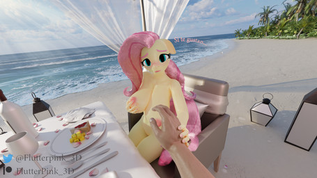 anthro anthrofied areola beach big_breasts biped breasts chair detailed_background dialogue eyebrows eyelashes female furniture hair nipples nude outside pink_hair pupils table text thick_thighs yellow_body flutterpink_3d friendship_is_magic hasbro my_little_pony fluttershy_(mlp) equid equine mammal 16:9 3d_(artwork) 4k absurd_res digital_media_(artwork) hi_res widescreen