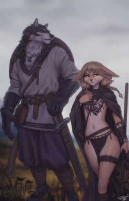 anthro bottomwear braided_hair brown_hair brown_scabbard cloak clothed clothing duo female flat_chested fur grey_body grey_fur hair jewelry larger_male leg_wraps loincloth male melee_weapon mjolnir_necklace navel necklace pants scabbard sheathed_sword sheathed_weapon shirt size_difference smaller_female standing sword tan_body tan_fur topwear tunic weapon wraps personalami einarr_(personalami) khiara_(personalami) canid canine canis fennec_fox fox mammal true_fox wolf 2021 hi_res signature