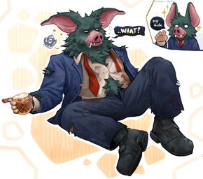 alcohol bat_ears bat_nose beverage cigarette clothing drunk for_a_head male necktie shirt smoking smoking_cigarette snout solo substance_intoxication suit suit_jacket text topwear unbuttoned unbuttoned_shirt unzipped zipper fungiteh dispatch sonar_(dispatch) animal_head animal_humanoid bat humanoid mammal english_text hi_res