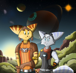 anthro clothing duo female landscape_background male male/female planet romantic romantic_couple sky smile smiling_at_another smiling_at_each_other star foxikus nortfox ratchet_and_clank sony_corporation sony_interactive_entertainment ratchet_(ratchet_and_clank) rivet_(ratchet_and_clank) lombax mammal 2025 artist_collaboration hi_res