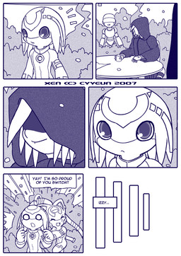 :< >_< anthro closed_smile container cup dialogue eyes_closed facial_markings forehead_markings furniture hair head_markings holding_container holding_cup holding_object hood markings mouth_closed o_o open_mouth open_smile shaded_face smile smoke table text cyyeun xen_(series) izzy_(xen) switch_(xen) alien 2007 artist_name blue_and_white blue_monochrome comic dated english_text monochrome