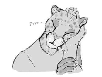 ambiguous_gender anthro caressing_face claws clothed clothing dreadlocks duo female hair headpat holding_head markings purring shirt solo_focus spots spotted_body tied_hair topwear katzenkompf microsoft the_elder_scrolls anjini_(katzenkompf) cheetah felid feline khajiit mammal unknown_species black_and_white monochrome