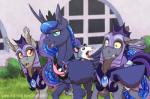 armor blue_body blue_eyes blue_feathers brown_eyes feathers female feral fur grass green_eyes grey_body grey_fur group horn open_mouth outside plant purple_wings red_eyes text wings inuhoshi-to-darkpen friendship_is_magic hasbro my_little_pony mythology fan_character night_guard_(mlp) princess_luna_(mlp) royal_guard_(mlp) tiberius_(mlp) american_opossum bat_pony equid equine mammal marsupial mythological_creature mythological_equine virginia_opossum winged_unicorn hi_res url