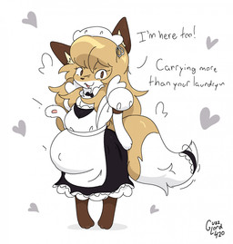 :3 anthro armwear belly big_belly big_ears big_tail biped black_bow_tie blonde_hair bow_tie brown_body brown_ears brown_eyes brown_fur brown_nose clothing digitigrade dipstick_tail elbow_gloves excited exclamation_point eyelashes female fur gloves hair handpaw handwear heart_symbol inner_ear_fluff long_hair looking_at_viewer maid_apron maid_headdress maid_uniform markings motion_lines multicolored_body multicolored_fur narrowed_eyes open_mouth paws pregnant pregnant_female pupils simple_background slit_pupils small_nose solo standing tail tail_markings tail_motion tail_tuft tailwag text tilde_after_text tongue tuft two_tone_body two_tone_fur uniform white_background white_body white_clothing white_fur white_gloves white_handwear white_sclera yellow_body yellow_fur yellow_inner_ear_fluff conditional_dnp guzzlord420 averi_(fiddleafox) canid canine fox mammal red_fox true_fox 2025 digital_drawing_(artwork) digital_media_(artwork) english_text handwritten_text hi_res portrait shaded signature watermark