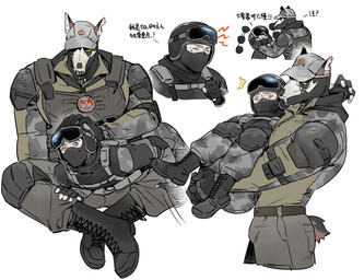 anthro balaclava baseball_cap black_balaclava black_body black_clothing black_fur black_gloves black_handwear black_mask blue_eyes blush bone bone_mask boots bottomwear brown_body brown_fur bulletproof_vest camo camo_bottomwear camo_clothing camo_pants camo_print canine_skull carrying_another chibi clothed clothing combat_boots duo eyes_closed eyewear eyewear_on_head fingerless_gloves footwear fur gloves goggles goggles_on_head grey_bottomwear grey_clothing grey_pants handwear hat headgear headpat headwear holding_head knee_pads male markings mask military military_helmet military_uniform multicolored_body multicolored_fur pants pattern_bottomwear pattern_clothing pattern_pants shoes short_tail shoulder_pads simple_background sitting skull skull_(marking) skull_mask standing tactical_gear tactical_gloves tail text toony topwear two_tone_body two_tone_fur uniform waist_belt white_background yellow_eyes zuozhi551547 activision call_of_duty ghost_(call_of_duty) canid canine canis human mammal absurd_res chinese_text hi_res translated