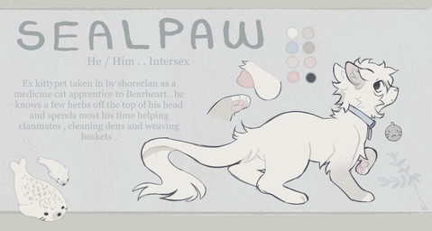 animal_genitalia animal_penis balls blue_collar collar feral fur genitals hair male pawpads penis penis_tip pink_pawpads pink_penis pronouns solo tail text white_balls white_body white_fur white_hair white_tail littleperrito warriors_(book_series) fan_character sealfluff_(littleperrito) aquatic domestic_cat felid feline felis mammal pinniped seal 2026 english_text hi_res model_sheet intersex_(lore)