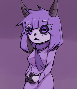anthro black_sclera clothed clothing eyelashes female fur hair horn purple_body purple_eyelashes purple_eyes purple_fur purple_hair purple_scarf scarf edgarfrayt_115 purple_the_goat(g54) bovid caprine goat mammal hi_res