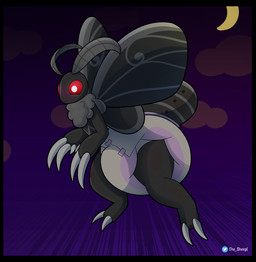 anthro arthropod_abdomen big_diaper black_body black_border black_fur blush border claws clean_diaper clothed clothing cloud crescent_moon diaper flying fur grey_body grey_fur insect_wings male moon moth_antennae night red_eyes ruff sky solo wearing_diaper white_diaper wings the_sheepl mothman arthropod cryptid insect lepidopteran moth 2023 absurd_res hi_res