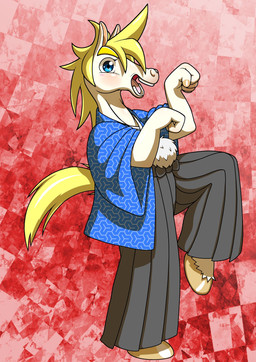 5_fingers anthro asian_clothing biped blue_eyes clothed clothing east_asian_clothing eyebrows fingers hooves japanese_clothing male mane open_mouth solo tail nakayan equid equine horse mammal hi_res