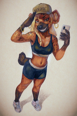 anthro blonde_hair braided_hair breasts cellphone clothing ear_piercing ear_ring electronics eyelashes female footwear hair high-angle_view long_eyelashes navel phone piercing ring_piercing shoes smartphone sneakers solo spots spotted_arms spotted_face spotted_hips spotted_legs spotted_shoulders tail teeth ragdishnak united_states_marine_corps hyena mammal absurd_res hi_res