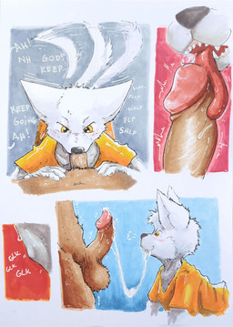 age_difference anthro balls blush bodily_fluids brown_body brown_fur clothing cum cum_in_mouth cum_inside cum_string dialogue drinking drinking_cum duo erection fellatio fur genital_fluids genitals glk humanoid_genitalia humanoid_penis male nude oral orange_eyes penile penis proud sex shirt size_difference tail tail_motion tailwag text topwear white_body white_fur young young_anthro young_male dakkawoof akkad_(dakkawoof) canid canine canis mammal wolf 2025 absurd_res english_text hi_res letterbox marker_(artwork) traditional_media_(artwork)