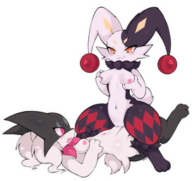 anthro blush breast_fondling breast_play breasts butt dominant dominant_female duo female female/female fondling fur genitals hand_on_breast jester magician mask masturbation multicolored_body multicolored_fur navel nervous nipples on_top pink_eyes pink_nipples smile smirk thick_thighs vaginal vaginal_masturbation vulva wearing_mask yellow_eyes koivyx nintendo pokemon dupin_(pal) felid feline generation_9_pokemon lagomorph leporid mammal meowscarada pokemon_(species) rabbit absurd_res hi_res