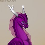 eyewear feral glasses male purple_body simp simple_background smile smirk solo conditional_dnp shido-tara mythology fan_character dragon mythological_creature mythological_scalie scalie 1:1 absurd_res half-length_portrait hi_res portrait