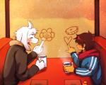 5_fingers ambiguous_gender anthro beverage blush brown_hair candy chocolate clothed clothing container cup dessert drawing duo fingers food fur furniture hair happy heart_symbol horn hot_chocolate jacket laugh male pastry pie scarf sitting smile smiley_face snow table topwear white_body white_fur window winter chokaso deltarune undertale undertale_(series) asriel_dreemurr flowey_the_flower kris_(deltarune) boss_monster_(undertale) bovid caprine human mammal hi_res brother_(lore) sibling_(lore)