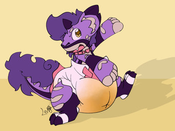 3_toes 4_fingers ambiguous_gender anthro big_diaper bodily_fluids clothed clothing collar diaper dipstick_ears ear_markings fangs feet fingerless_(marking) fingers fur genital_fluids head_horn heart_collar heart_symbol horn huge_diaper inner_ear_fluff leg_markings markings multicolored_body multicolored_ears multicolored_fur multicolored_tail on_one_leg open_mouth open_smile pink_collar purple_body purple_ear_tips purple_ears purple_fur purple_horn purple_inner_ear purple_tail shadow simple_background smile socks_(marking) solo standing tail tan_body tan_fur tan_inner_ear_fluff tan_tail teeth three-quarter_view toeless_(marking) toeless_socks_(marking) toes tuft unclean_diaper urine used_diaper wearing_diaper wet_diaper white_body white_fur yellow_background typhy mythology koruko dragon furred_dragon furred_scalie mythological_creature mythological_scalie scalie 2020 4:3 full-length_portrait hi_res portrait signature