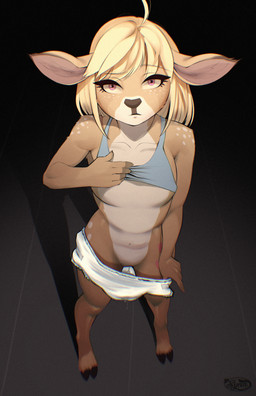 anthro bodily_fluids clothing cloven_hooves diaper diaper_pull female genital_fluids genitals hooves looking_at_viewer solo standing undressing undressing_self vaginal_fluids vulva young young_female synnfultiger cervine deer mammal 2024 absurd_res hi_res