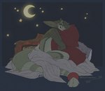 anthro bedding big_tail blanket blue_background eyes_closed green_body horn hug hugging_object hugging_pillow long_tail male moon night paws pillow plushie relaxing seam_(sewing) simple_background sitting solo star tail tired blushing_yokai asian_mythology east_asian_mythology japanese_mythology mythology tobias_weatherby animate_inanimate living_plushie yokai