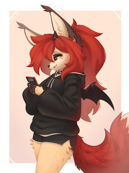 4_fingers anthro biped border bottomwear cellphone claws clothed clothed_anthro clothed_male clothing ear_piercing electronics finger_claws fingers fully_clothed fully_clothed_anthro fully_clothed_male fur gauged_ear hair holding_cellphone holding_object holding_phone hoodie horn inner_ear_fluff looking_at_cellphone looking_at_object looking_at_phone male pants phone piercing red_eyes red_hair red_tail side_view simple_background smile solo standing tail teeth tongue topwear tuft white_border wings alphadesu penta_(cum.cat) felid feline mammal 2025 digital_media_(artwork) hi_res