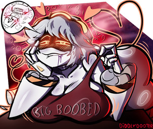 accessory ambiguous_fluids aroused big_breasts blade blush blush_lines bodily_fluids breast_rest breasts bubble clothing clothing_pull drooling drunk drunk_bubble electronics female flirting flirting_with_viewer furniture glass glowing glowing_eyes grey_hair hair hazard_stripes headband heart_eyes heart_symbol heart_tail hearts_around_head holding_head huge_breasts huge_thighs humor imminent_sex in_heat leaning leaning_forward looking_at_viewer machine oil saliva screen screen_face shirt short_hair simple_background solo steam stinger stripes substance_intoxication table tail tail_blade tank_top text thick_thighs topwear usb weapon weapon_tail white_body wide_hips yellow_eyes diddlydooter1 glitch_productions murder_drones v_(murder_drones) disassembly_drone humanoid robot robot_humanoid artist_name digital_drawing_(artwork) digital_media_(artwork) hi_res signature