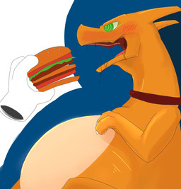 ambiguous_feral ambiguous_gender belly big_belly biped bipedal_feral bloated blush blush_lines bodily_fluids burger cheek_blush claws countershade_belly countershade_body countershading disembodied_hand dripping drooling duo feeding feral finger_claws food green_eyes holding_burger holding_food holding_object hypnosis long_neck looking_ahead mind_control open_mouth orange_body saliva saliva_drip saliva_string semi-anthro side_view simple_background solo_focus spiral spiral_eyes stuffing tan_body white_claws sabamiso_(sabamasasix) mythology nintendo pokemon charizard dragon generation_1_pokemon mythological_creature mythological_scalie pokemon_(species) scalie 2019 compression_artifacts digital_drawing_(artwork) digital_media_(artwork) hi_res japanese_description shaded