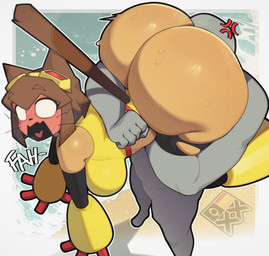 anthro big_butt biped breasts brown_hair butt clothed clothing duo faceless_character faceless_male female female_anthro hair huge_butt human_on_anthro interspecies male male/female open_mouth tail yellow_clothing igxxiii gameoverse glitch_productions anon kit_bodega domestic_cat felid feline felis human mammal 2026 hi_res
