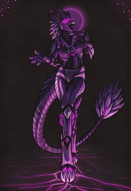 abstract_background anthro black_teeth female front_view looking_at_viewer machine open_mouth purple_body solo standing teeth visor kardinaluz robot full-length_portrait hi_res portrait