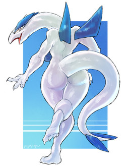 anthro anthrofied big_butt biped blue_body border breasts butt claws feet female finger_claws fingers gradient_background grey_eyes head_turned humanoid_feet long_neck looking_at_viewer looking_back non-mammal_breasts nude nude_anthro nude_female one_leg_up open_mouth open_smile plantigrade pose raised_leg rear_view side_boob simple_background smile solo tail text toe_claws toes white_body white_border wings parabellux nintendo pokemon generation_2_pokemon legendary_pokemon lugia pokemon_(species) artist_name colored full-length_portrait hi_res portrait shaded