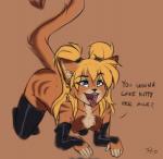 2015 all_fours anthro arm_warmers armwear black_armwear black_clothing black_footwear black_legwear black_nose black_socks blonde_hair blue_eyes breasts brown_body brown_fur chest_tuft clothing conditional_dnp dialogue digital_media_(artwork) english_text fangs felid female fluff-kevlar footwear fur gaping_mouth hair legwear looking_up mammal mostly_nude nipples open_mouth pigtails presenting_mouth raised_tail sahara_(skimike) simple_background small_breasts smile socks solo stockings tail teeth text thigh_highs throat tongue tongue_out tuft uvula