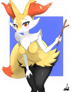 anthro black_body blush body_hair bottomwear breasts cheek_tuft chest_hair clothing dipstick_tail eyebrows eyelashes facial_tuft featureless_breasts female inner_ear_fluff markings medium_breasts multicolored_body navel pseudo_clothing raised_eyebrow red_eyes skirt smile solo stick tail tail_markings tuft wand white_body yellow_body inkspot_doodle nintendo pokemon braixen generation_6_pokemon pokemon_(species) 2025 digital_drawing_(artwork) digital_media_(artwork) hi_res widescreen